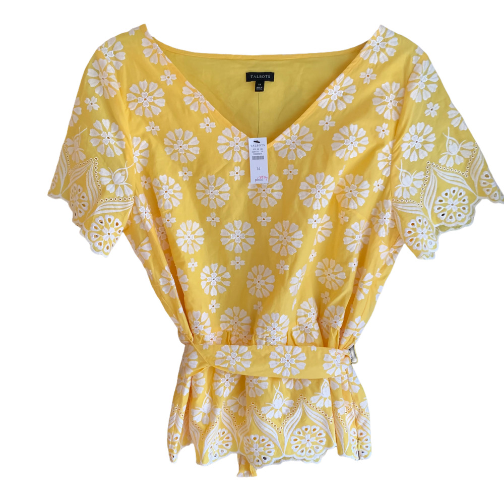 Talbots yellow peplum eyelet top 14 NWT